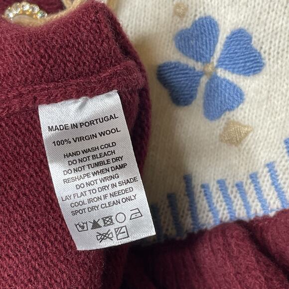 HILL HOUSE Wool Red Floral Embroidered Ruffle Pearl Button Cardigan Sweater S - Picture 7 of 8